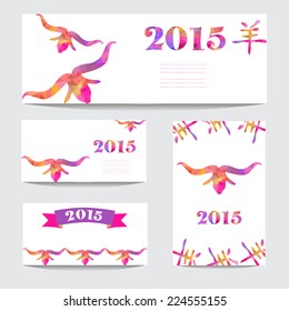 New Year 2015 cards set with goat heads made by colorful geometric triangles. Chinese astrological sign. New year background, invitation, greeting card, design element. Chinese calligraphy.