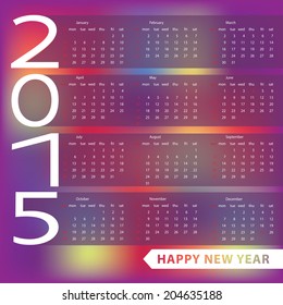 New year 2015 celebration European calendar. Flat white letters with long drop shadow on bright blur background.A ribbon with Happy New year proverb.The vector.