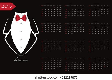 New year 2015 celebration European calendar.Business tuxedo background with a red bow tie and copy space.Flat vector
