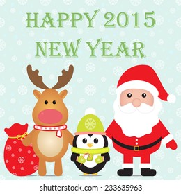 New Year 2015. Christmas card with Santa Claus, Penguin and reindeer. Seamless winter background with snowflakes. Vector image.