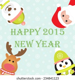 New Year 2015. Christmas card with Santa Claus, Penguin, Reindeer and White Bear. Seamless winter background with snowflakes. Vector image. 