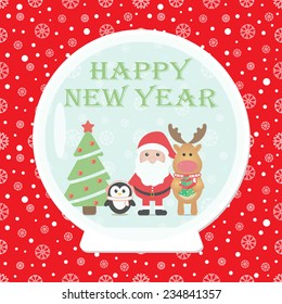 New Year 2015. Christmas card with Santa Claus, Penguin, Reindeer 
Christmas tree in Snow globe. Seamless winter background with snowflakes. Vector image. 