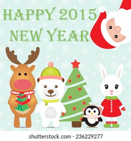 New Year 2015. Christmas card with Santa Claus, Penguin, White Bear, Rabbit, Reindeer and Christmas tree. Seamless winter background with snowflakes. Vector image.