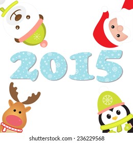 New Year 2015. Christmas card with Santa Claus, Penguin, Reindeer and White Bear on white background and 2015 with snowflakes. Vector image. 