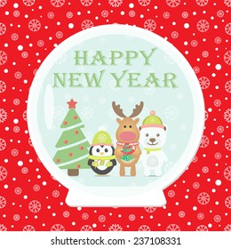 New Year 2015. Christmas card with White Bear, Penguin, Reindeer Christmas tree in Snow globe. Seamless winter background with snowflakes. Vector image. 