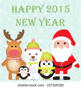 New Year 2015. Christmas card with Santa Claus, Penguins, White Bear, Reindeer. Seamless winter background with snowflakes. Vector image. 