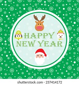 New Year 2015. Christmas card with Santa Claus, White Bear, Penguin and Reindeer. Seamless winter background with snowflakes. Vector image. 