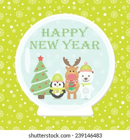 New Year 2015. Christmas card with White Bear, Penguin, Reindeer. Christmas tree in Snow globe. Seamless winter background with snowflakes. Vector image. 