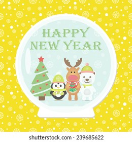 New Year 2015. Christmas card with WhiteBear, Penguin, Reindeer Christmas tree in Snow globe. Seamless winterbackground with snowflakes. Vector image.