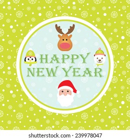 New Year 2015. Christmas card with Santa Claus, White Bear, Penguin and Reindeer. Seamless winter background with snowflakes. Vector image. 