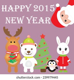 New Year 2015. Christmas card with Santa Claus, Penguin, White Bear, Rabbit, Reindeer and Christmas tree. Vector image. 