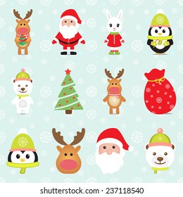 New Year 2015. Christmas elements with Santa Claus, Penguin, White Bear, Rabbit, Reindeer, Gift box and Christmas tree. Seamless winter background with snowflakes. Vector image. 