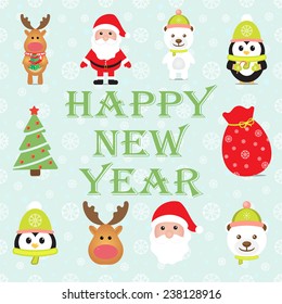 New Year 2015. Christmas elements with Santa Claus, Penguin, White Bear, Reindeer, Gift box and Christmas tree. Seamless winter background with snowflakes. Vector image. 