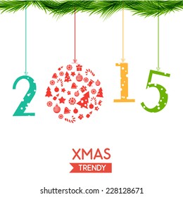 The new year 2015 is coming. Stylized design Christmas decoration with xmas toys, balls, stars and snowflakes. Doodle ball. 