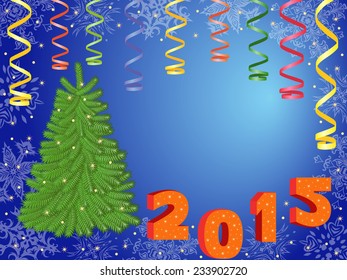 New Year 2015 composition with green Christmas Tree, serpentine and New Year decorations, hand drawing vector illustration