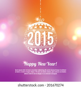 New Year 2015 Greeting Card in minimalistic style. Vector illustration. Bokeh light vintage background. Invitation with place for your text message. Orange and violet colors.