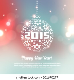 New Year 2015 Greeting Card in minimalistic style. Colorful bokeh abstract background with circles of light. Invitation with place for your text message. Vector illustration.