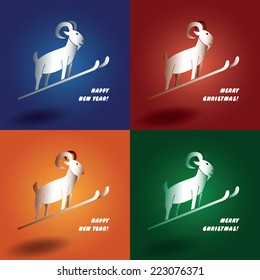 New Year 2015 illustration of funny flying goat on the ski with different backgrounds