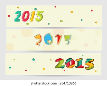 New Year 2015 and Merry Christmas celebration website header or banner set with colorful text.
