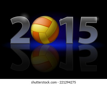 New Year 2015: metal numerals with volleyball instead of zero having weak reflection. Illustration on black background.