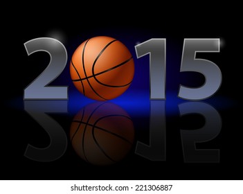 New Year 2015: metal numerals with basketball instead of zero having weak reflection. Illustration on black background.