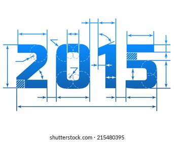 New Year 2015 number with dimension lines. Element of blueprint drawing in shape of 2015 year. Vector design element for new year's day, christmas, winter holiday, engineering, technologies, etc