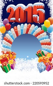 New Year 2015 on white winter background with balloons and gifts 