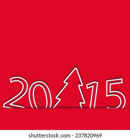 New Year 2015 red card, paper Christmas tree, winter background