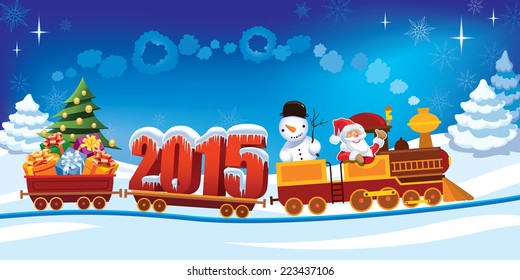 New Year 2015 and Santa Claus in a toy train with gifts, snowman and christmas tree. 