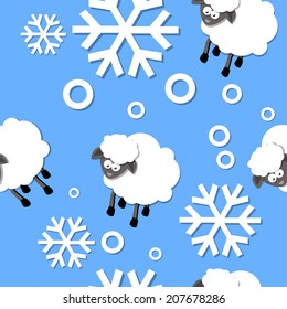 New Year 2015 seamless pattern with snowflakes, sheep, socks, snowflakes and Christmas ball.
