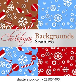 New Year 2015 seamless patterns set with snowflakes, socks, candies and Christmas balls.