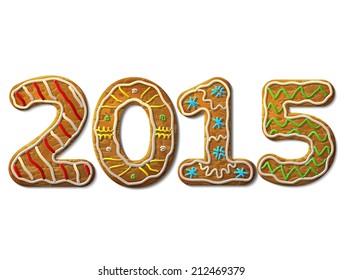 New Year 2015 in shape of gingerbread isolated on white. Year number like cookies. Vector design element for new year's day, christmas, winter holiday, cooking, new year's eve, food, silvester, etc