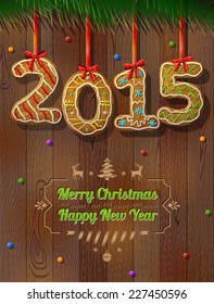 New Year 2015 in shape of gingerbread against wood background. Year number like cookies on ribbon. Vector illustration for new year's day, Christmas, winter holiday, cooking, Silvester, food, etc