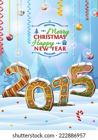 New Year 2015 in shape of gingerbreads in snow. Winter landscape with cookies, christmas decoration, congratulation. Vector image for new year's day, christmas, winter holiday, food, silvester, etc