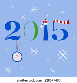 New year 2015 text design with clock on a chain, Santa Claus hat and striped scarf