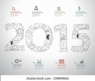 New year 2015 text design with creative drawing business success strategy plan ideas, Inspiration concept modern design template layout, data, diagram, step up options, Vector illustration