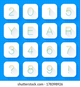 New Year 2015 title figures 1 2 3 4 5 6 7 8 9 0. White rounded square icon with gradient text. Web internet button on blue background with blueprint paper texture. Flat long shadow style vector 10 eps