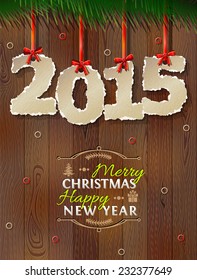 New Year 2015 of torn paper against wood background. Paper numbers on ribbon. Qualitative vector (EPS-10) illustration for new year's day, christmas, winter holiday, new year's eve, silvester, etc