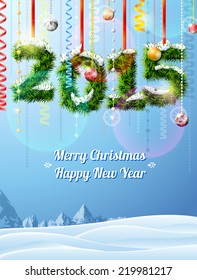 New Year 2015 of twigs like christmas decoration. Winter landscape with christmas congratulation. Qualitative illustration for new year's day, christmas, winter holiday, new year's eve, silvester, etc