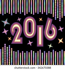 New year 2016 background with chains of vivid colored confetti and colored stars on black background. Decoration for New year celebration party.