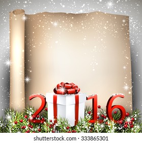 New Year 2016 background with fir branch and gift. Vector illustration.