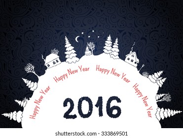 New year 2016 background with white silhouettes of winter countryside landscape: firs, trees, houses, bushes, snowdrifts, moon and stars. Vector illustration.