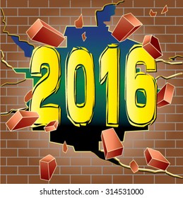 new year 2016 breaking through red brick wall