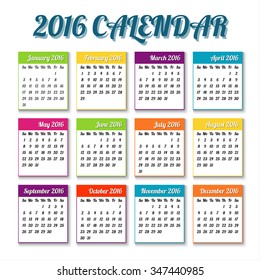 New year 2016 calendar with colored tiles, holiday vector illustration