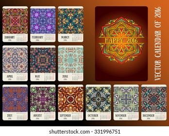 New year 2016, calendar design. Bright oriental ornament. Vector, vertical.