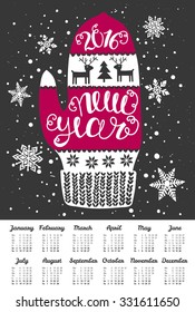 New year 2016 Calendar wall / poster Design Template with mitten. Week Starts Monday. Vintage minimalist style. Hand drawn sketch vector illustration. Xmas. Handwritten typography