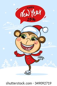 New Year 2016 card. Happy monkey wearing Santa Claus hat skating on winter snowy landscape background. Happy New Year 2016 handwritten lettering in bubble.