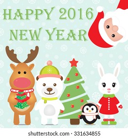 New Year 2016. Christmas card with Santa Claus, Penguin, White Bear, Rabbit, Reindeer and Christmas tree. Seamless winter background with snowflakes. Vector image.