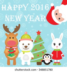 New Year 2016. Christmas card with Santa Claus, Penguin, White Bear, Rabbit, Reindeer and Christmas tree. Seamless winter background with snowflakes. Vector image.