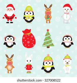 New Year 2016. Christmas elements with Santa Claus, Penguins, White Bear, Rabbit, Reindeers, Snowman, Gift box and Christmas tree. Seamless winter background with snowflakes. Vector image. 